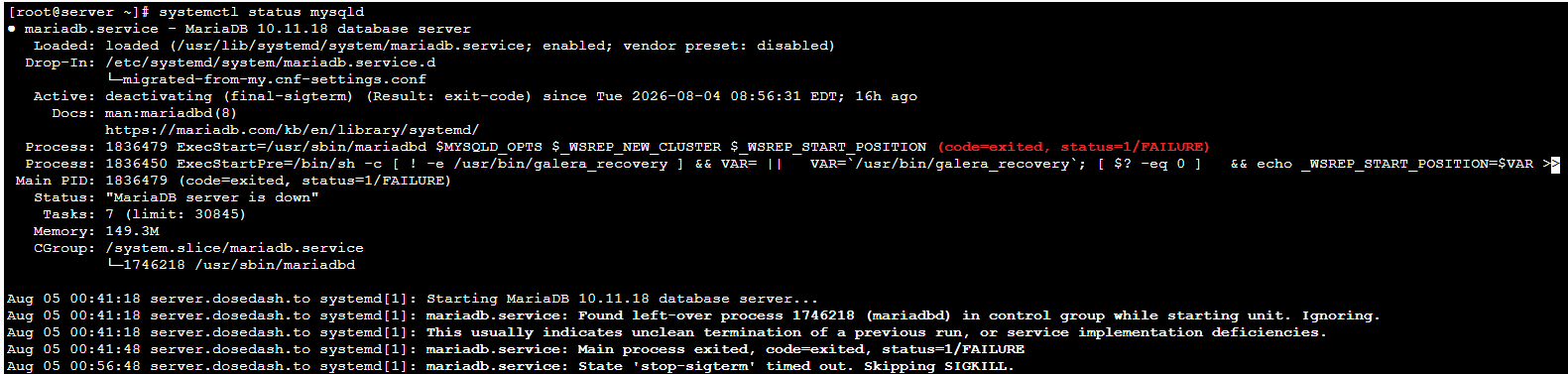 systemctl status mysqld output showing MariaDB stuck in deactivating state